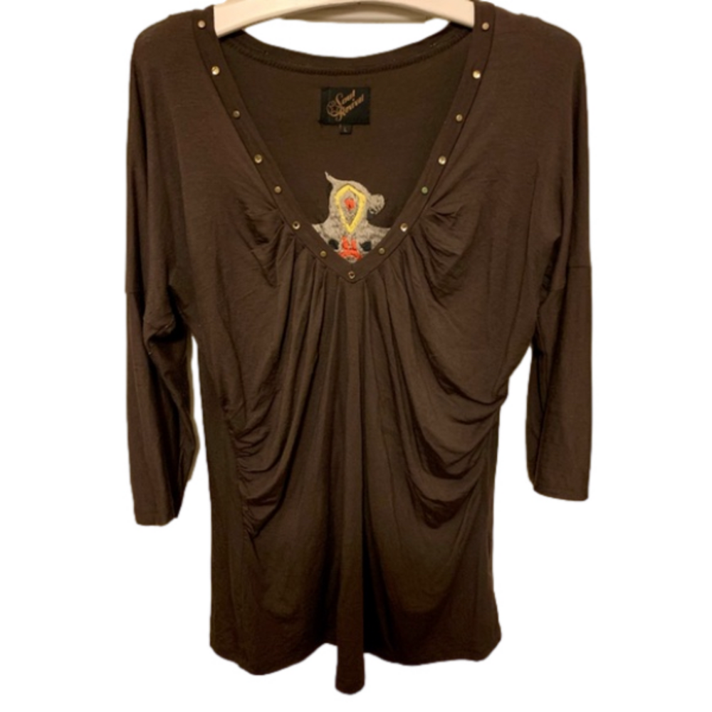Y2K Soul revival gray brown embroidered crystal V-neck 3/4 sleeve- Large